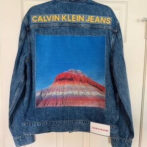 Calvin Klein Jeans Denim Jacket with Vibrant Mountain Design